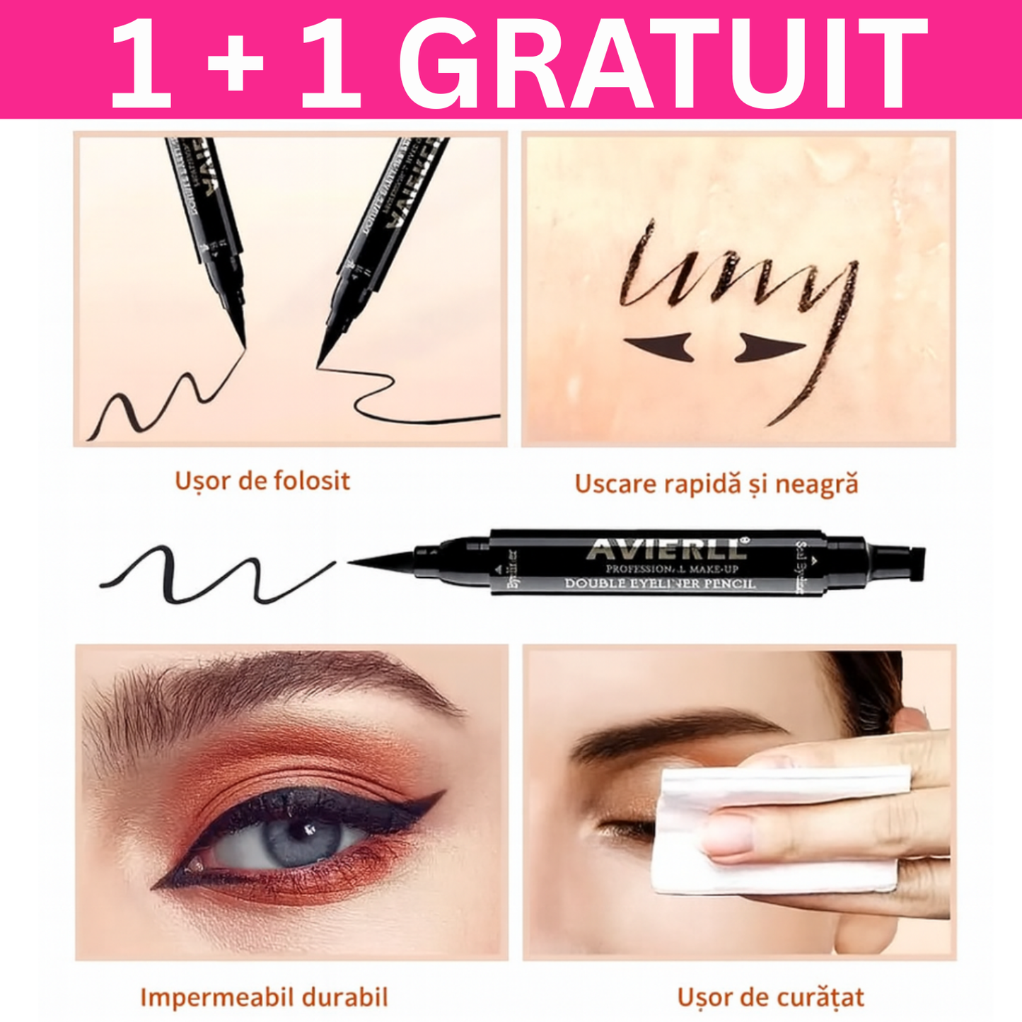 1+ 1 Tus cu stampila si eyeliner pentru ochi 2 Way Quick, rezistent la apa, negru