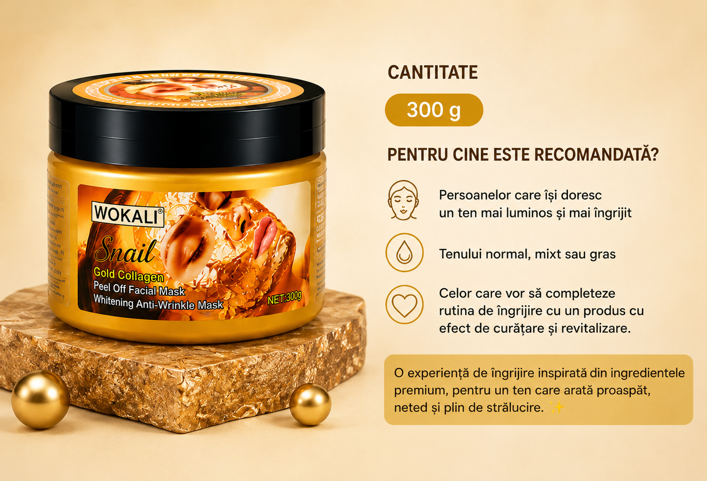 Mască de Față Peel-Off Antirid Iluminatoare si pentru Curățarea Tenului - Extract Melc si Aur 24K - 300g