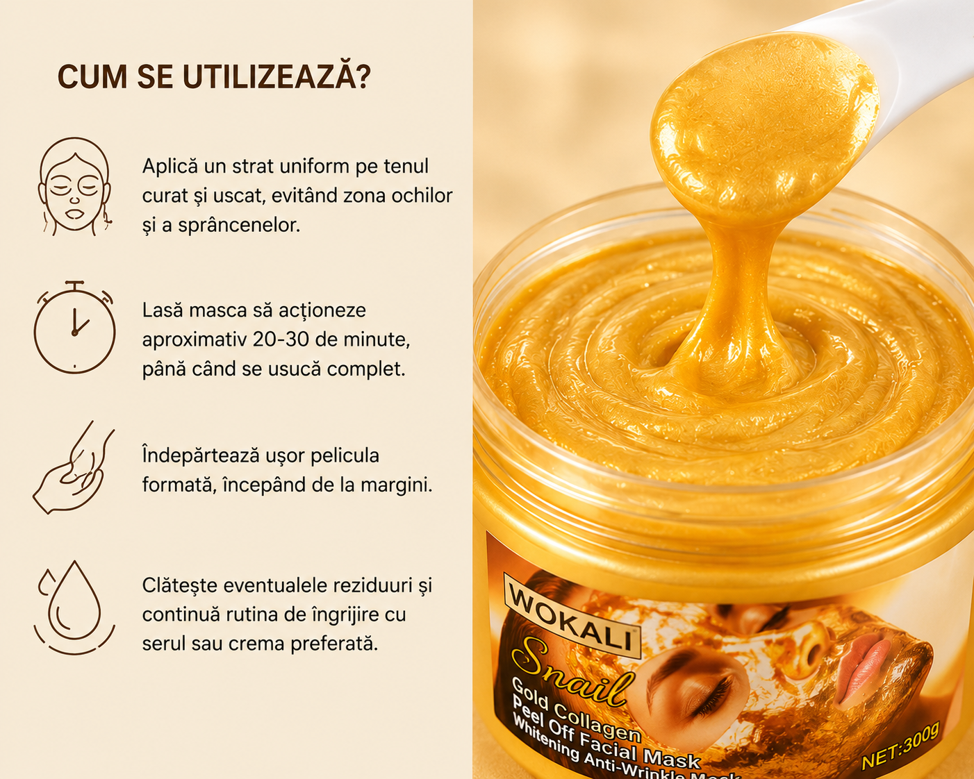 Mască de Față Peel-Off Antirid Iluminatoare si pentru Curățarea Tenului - Extract Melc si Aur 24K - 300g