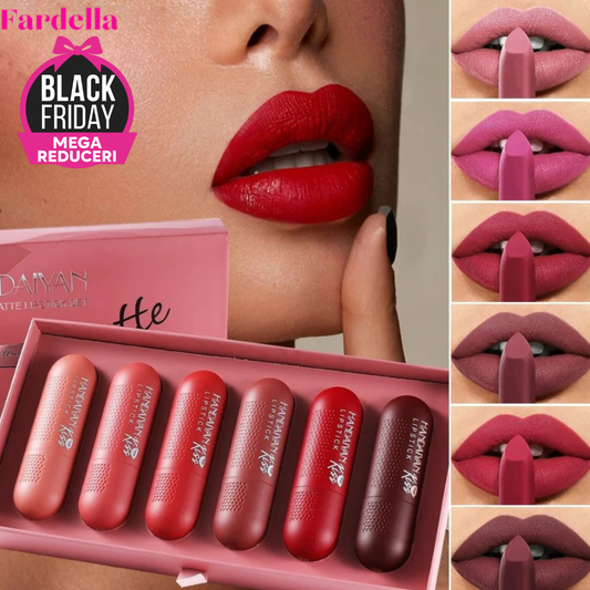 Set 6 Rujuri Mate Tip Bullet, Culori Roșu și Nude