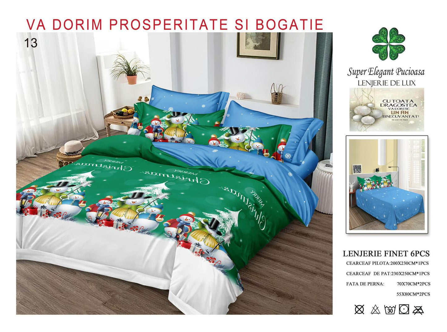 Lenjerie de pat din finet premium ELEGANT PUCIOASA – Crăciun Fericit cu Om De Zapadǎ - LNJ3